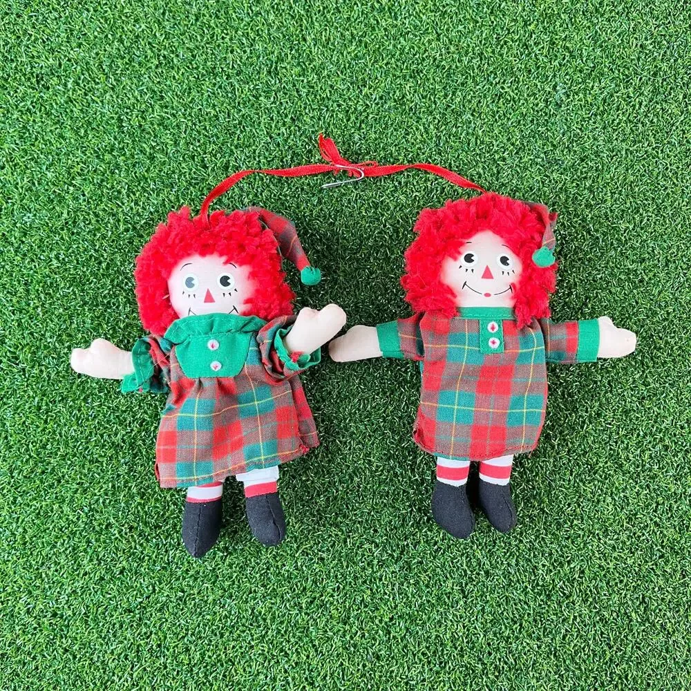 Vintage Raggedy Ann And Andy Christmas Fabric Ornaments Tartan Plaid Dress